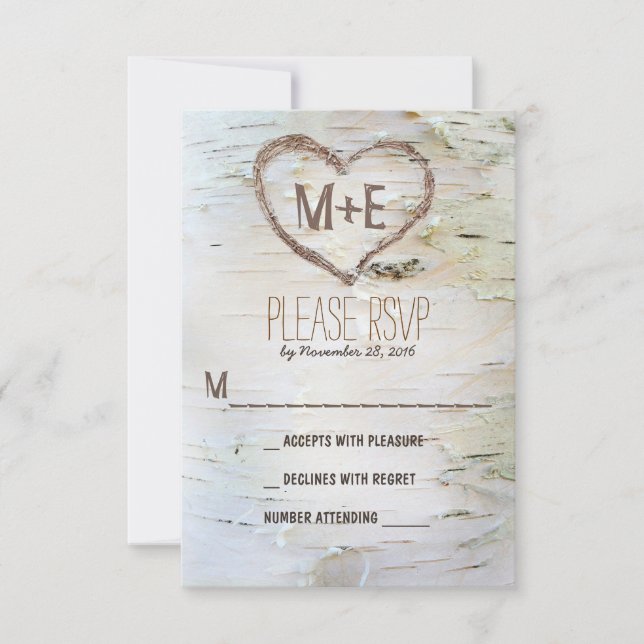 Cartons Réponse Initiales du coeur de l'arbre de bouleau mariage r (Devant)