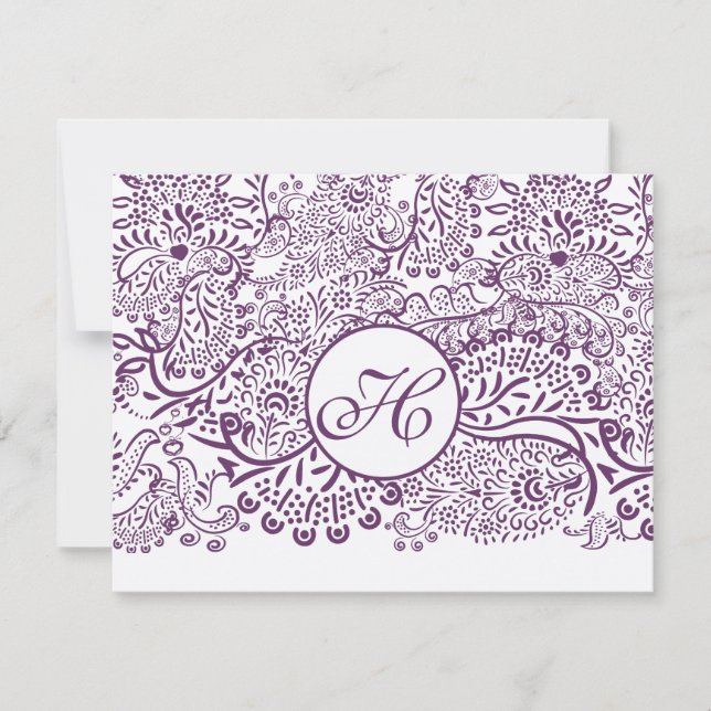 Cartons Réponse Inséparables pourpres Damask Monogram Mariages RSV (Devant)