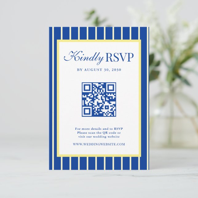 Cartons Réponse Italian Striped Blue & Yellow Wedding QR Code (Debout devant)