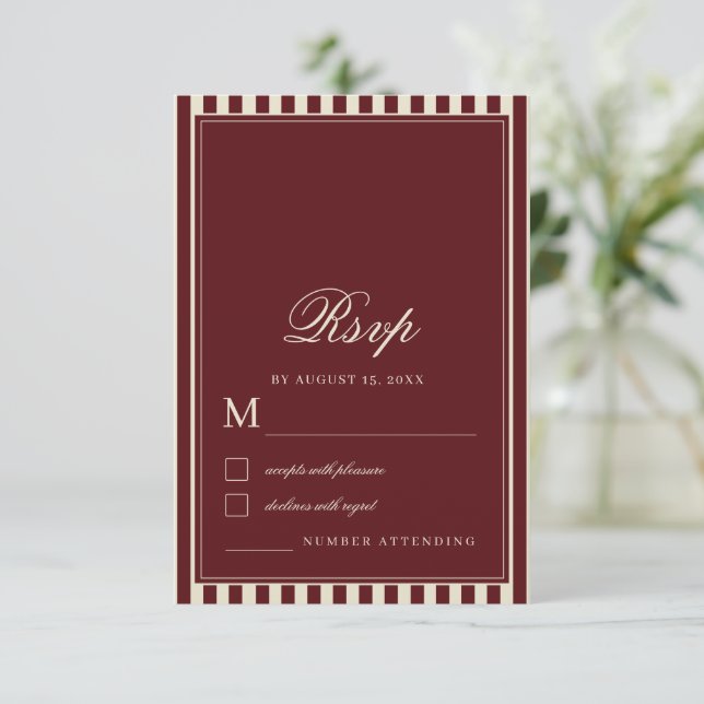 Cartons Réponse Ivory & Burgundy Stripes Border Retro Wedding (Debout devant)