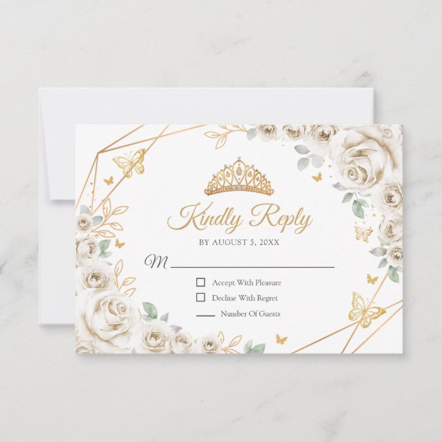 Cartons Réponse Ivory Cream Gold Floral Quinceanera Reply (Devant)