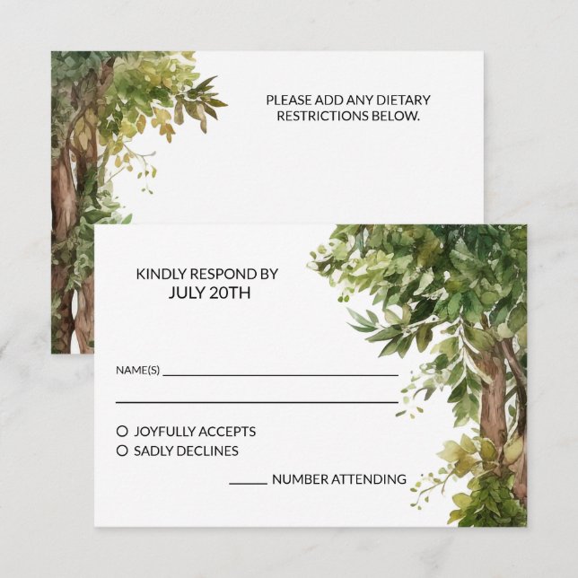 Cartons Réponse Jardin d'aquarelle bois Jardin Mariage (Devant / Derrière)