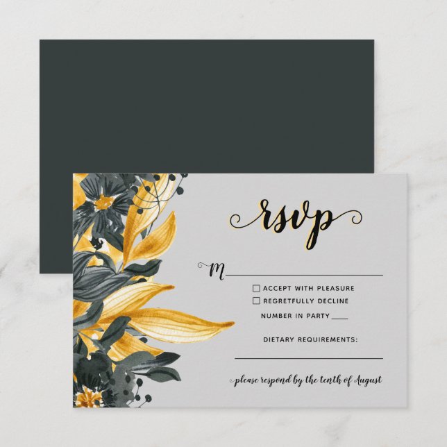 Cartons Réponse Jaune & Gris Floral Élégant Script Mariage moderne (Devant / Derrière)