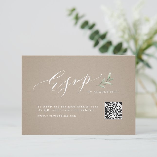 Cartons Réponse Kraft calligraphie rustique verdure mariage QR cod (Debout devant)