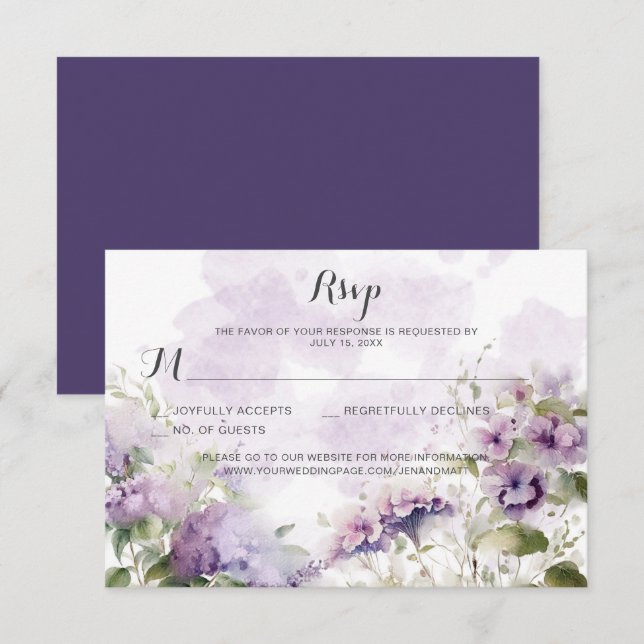 Cartons Réponse Lavande Boho Rustique Mariage Floral Violet (Devant / Derrière)