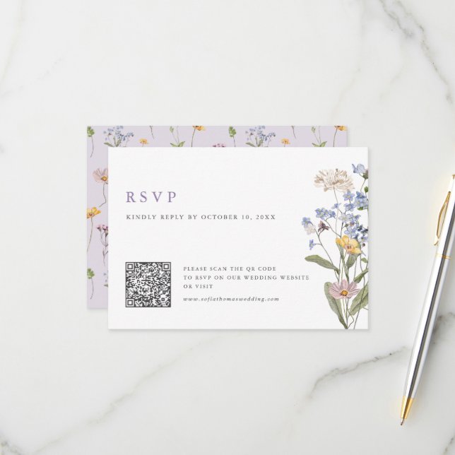 Cartons Réponse Lavender Spring Wildflower Meadow Wedding QR Code (Devant/Arrière en situation)