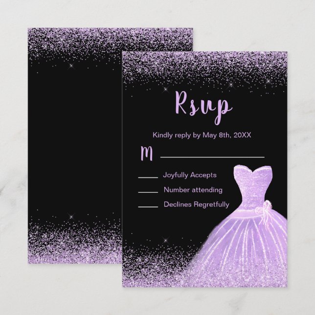Cartons Réponse Light Purple Dress Faux Glitter Sweet 16 Birthday (Devant / Derrière)