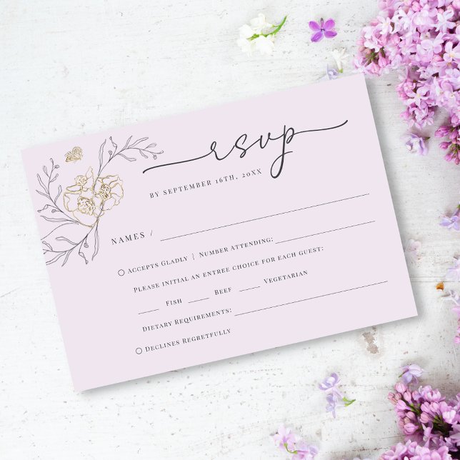 Cartons Réponse Ligne simple et élégante Floral Lilac Mariage or (Créateur téléchargé)