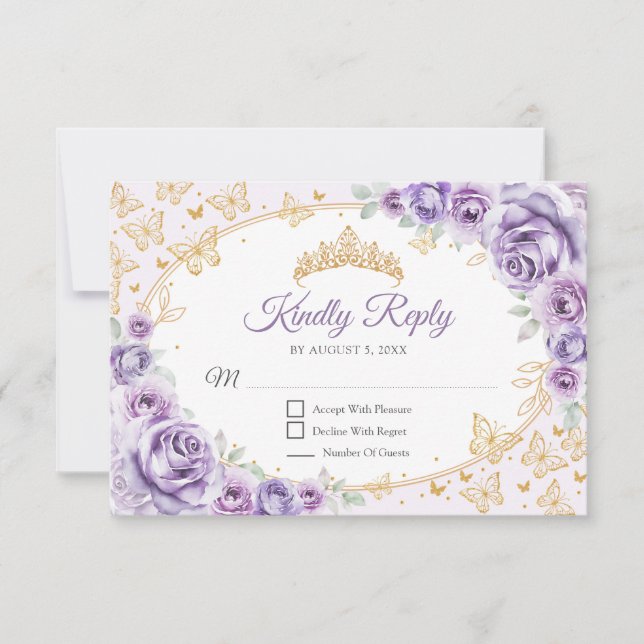 Cartons Réponse Lilac Purple Gold Quinceanera Reply (Devant)