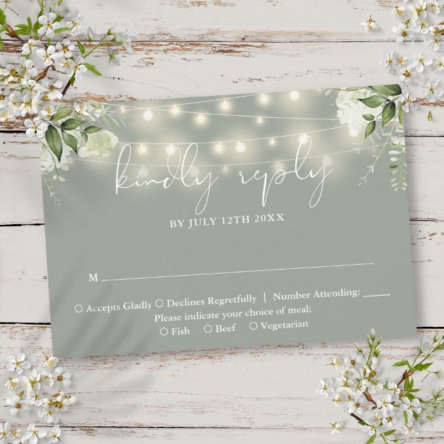 Cartons Réponse Lumières de Chaîne Florales de Verdure Vert Sauge  (Greenery Floral String Lights Sage Green Wedding RSVP Card)