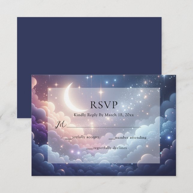 Cartons Réponse Lune céleste et étoiles Mariage bleu (Devant / Derrière)