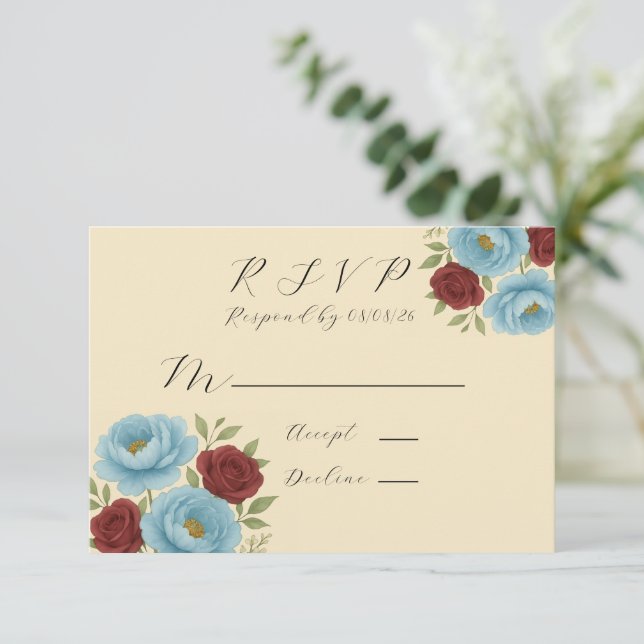 Cartons Réponse Lyons Blue Peony & Dark Red Peony Mariage (Debout devant)