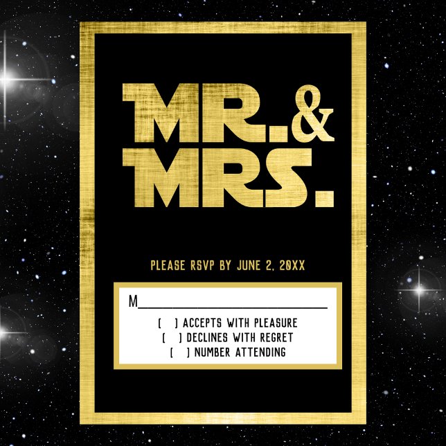 Cartons Réponse M. et Mme Sci Fi Black Gold Mariage (sci fi wedding rsvp)