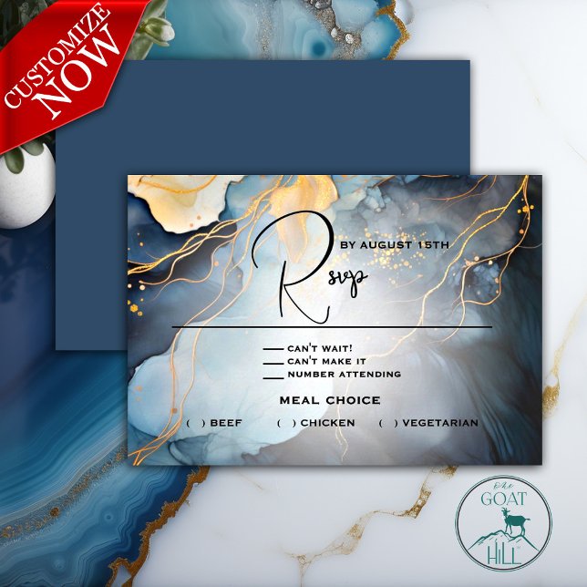 Cartons Réponse Magnifique Indigo Blue et Gold Abstrait (Easy to Personalize template - part of a coordinated Wedding Suite )