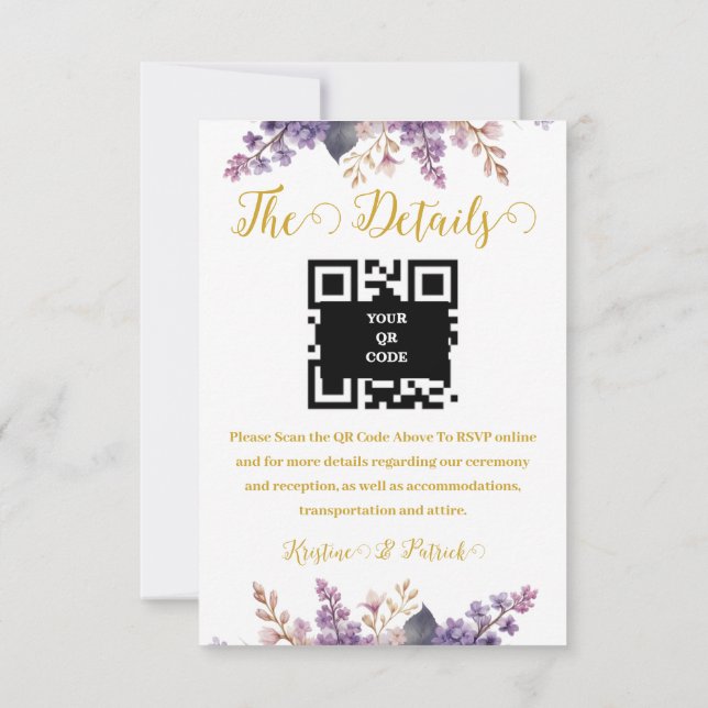 Cartons Réponse Magnifique Lilac Vineyard Détails du Mariage QR Co (Dos)