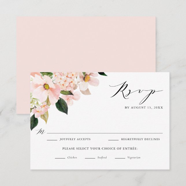 Cartons Réponse Magnolias rose pâle et Mariage d'hydrangées (Devant / Derrière)