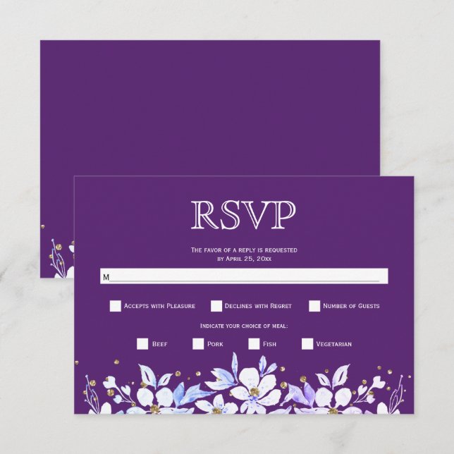 Cartons Réponse Marais fleurie blanche et bijoux mariage violet (Devant / Derrière)