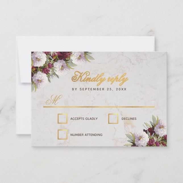 Cartons Réponse Marbre d'or Faux mariage Burgundy Peonies (Devant)