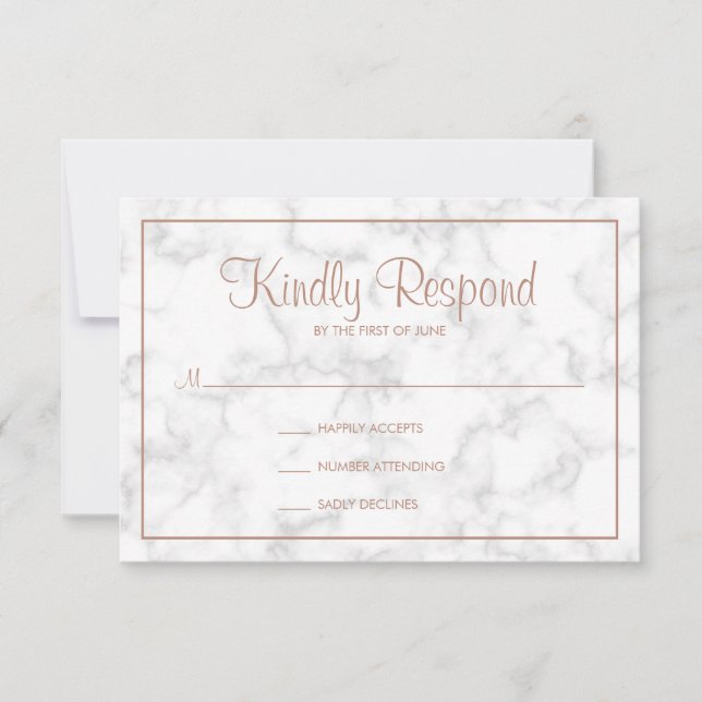 Cartons Réponse Marbre gris moderne avec Mariage Rose Gold Script (Devant)