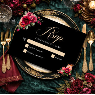 Cartons Réponse Mariage à fleurs noir rouge chic