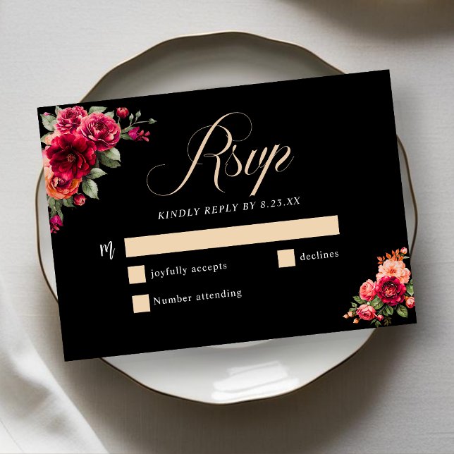 Cartons Réponse Mariage à fleurs noir rouge chic (Créateur téléchargé)