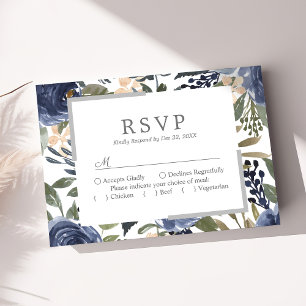 Cartons Réponse Mariage à l'aquarelle à motif floral bleu marine
