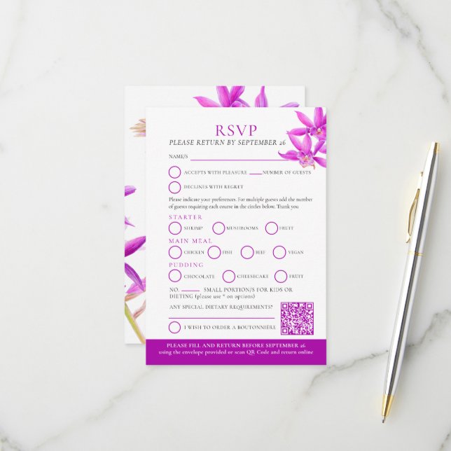Cartons Réponse Mariage à l'aquarelle d'orchidée de bijoux pourpre (Devant/Arrière en situation)