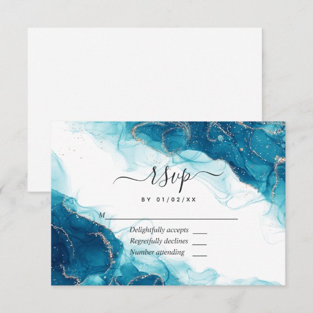 Cartons Réponse Mariage à l'encre d'alcool Turquoise et Or (Devant / Derrière)