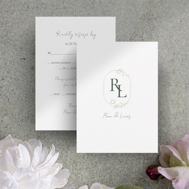 Cartons Réponse Mariage à monogramme floral vert foncé et blanc  (Créateur téléchargé)