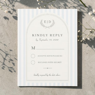 Cartons Réponse Mariage à monogramme rayé bleu et vert sauge