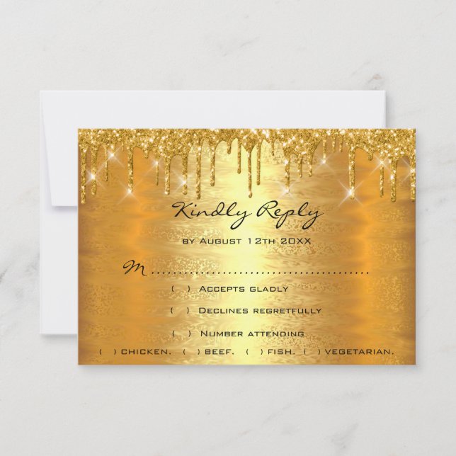 Cartons Réponse Mariage Anniversaire Luxe Or Paillettes Gouttes RS (Devant)