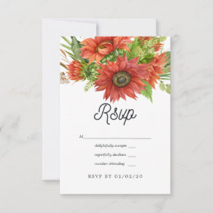 Cartons Réponse Mariage aquarelle rustique bohème tournesols rouge