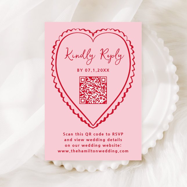 Cartons Réponse Mariage avec code QR en forme de cœur rose et roug (Créateur téléchargé)