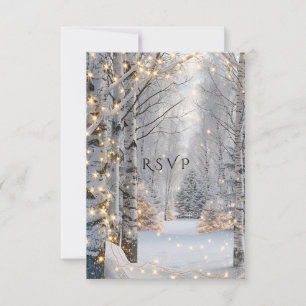 Cartons Réponse Mariage Blanc Birch Trees Neige Jaune Lumières