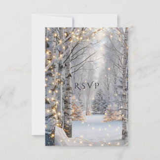 Cartons Réponse Mariage Blanc Birch Trees Neige Jaune Lumières