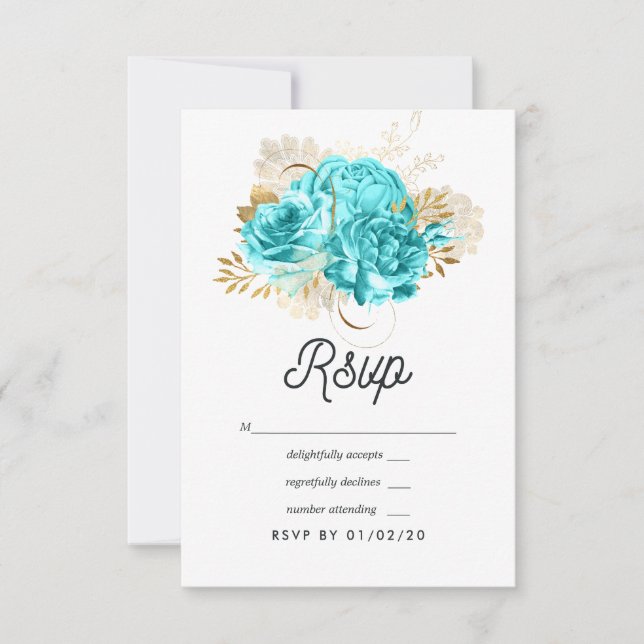 Cartons Réponse Mariage bleu Aqua et or Floral (Devant)