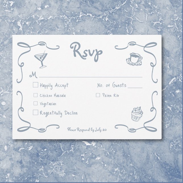 Cartons Réponse Mariage bleu Dusty dessiné main rétro Whimsical (Whimsical Retro Hand Drawn Dusty Blue Wedding RSVP Card)