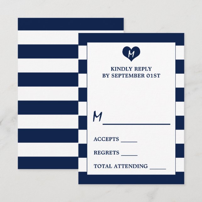 Cartons Réponse Mariage bleu et blanc de marine moderne chic (Devant / Derrière)