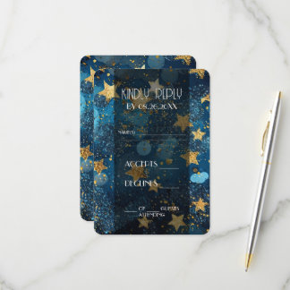Cartons Réponse Mariage Bleu Étoiles Dorées