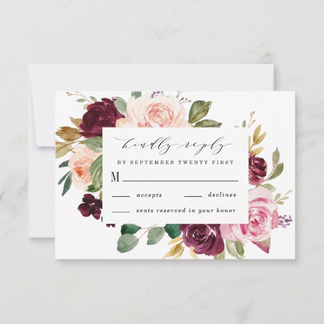 Cartons Réponse Mariage Boho Floral Bourgogne Rose Peach Or (Devant)