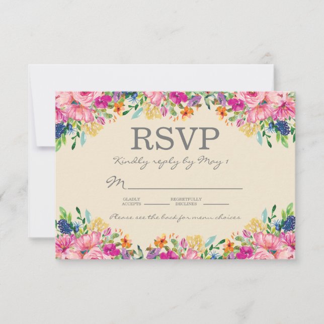 Cartons Réponse Mariage Boho rose bleu jaune Fleurs (Devant)