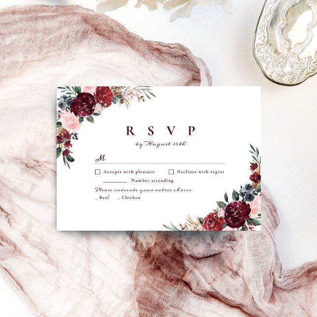 Cartons Réponse Mariage boho rustique bordeaux aquarelle (Burgundy watercolor floral rustic boho wedding RSVP card)