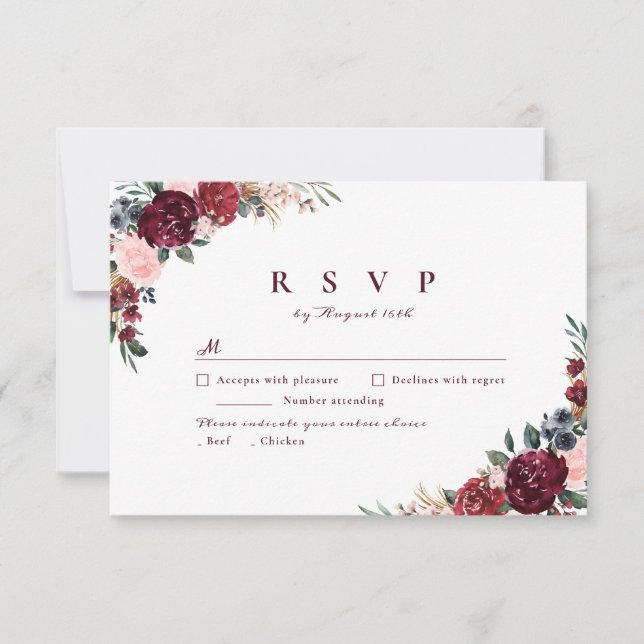 Cartons Réponse Mariage boho rustique bordeaux aquarelle (Devant)