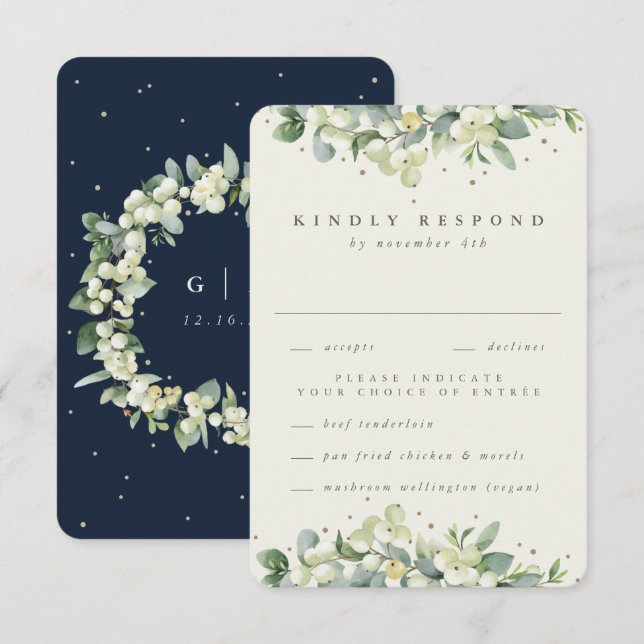 Cartons Réponse Mariage Bord des neiges de marine/crème+Eucalyptus (Devant / Derrière)