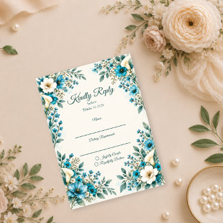 Cartons Réponse Mariage Botanique Bleu Élégant