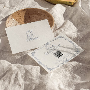 Cartons Réponse Mariage Botanique Code QR Floral Bleu Poussiéreux 