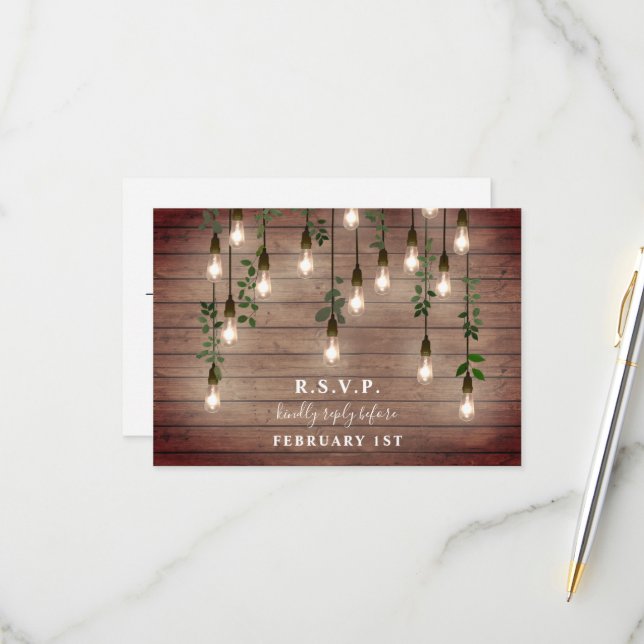 Cartons Réponse Mariage Botanique en Bois Rustique avec Lumières A (Devant/Arrière en situation)