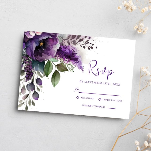 Cartons Réponse Mariage botanique moderne violet élégant (Modern Purple Floral Elegant Botanical Wedding RSVP Card)