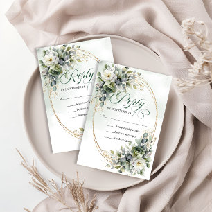 Cartons Réponse Mariage botanique vert poussiéreux à l'aquarelle
