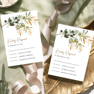 Cartons Réponse Mariage Branche de feuilles d'olive dorées rustiqu
